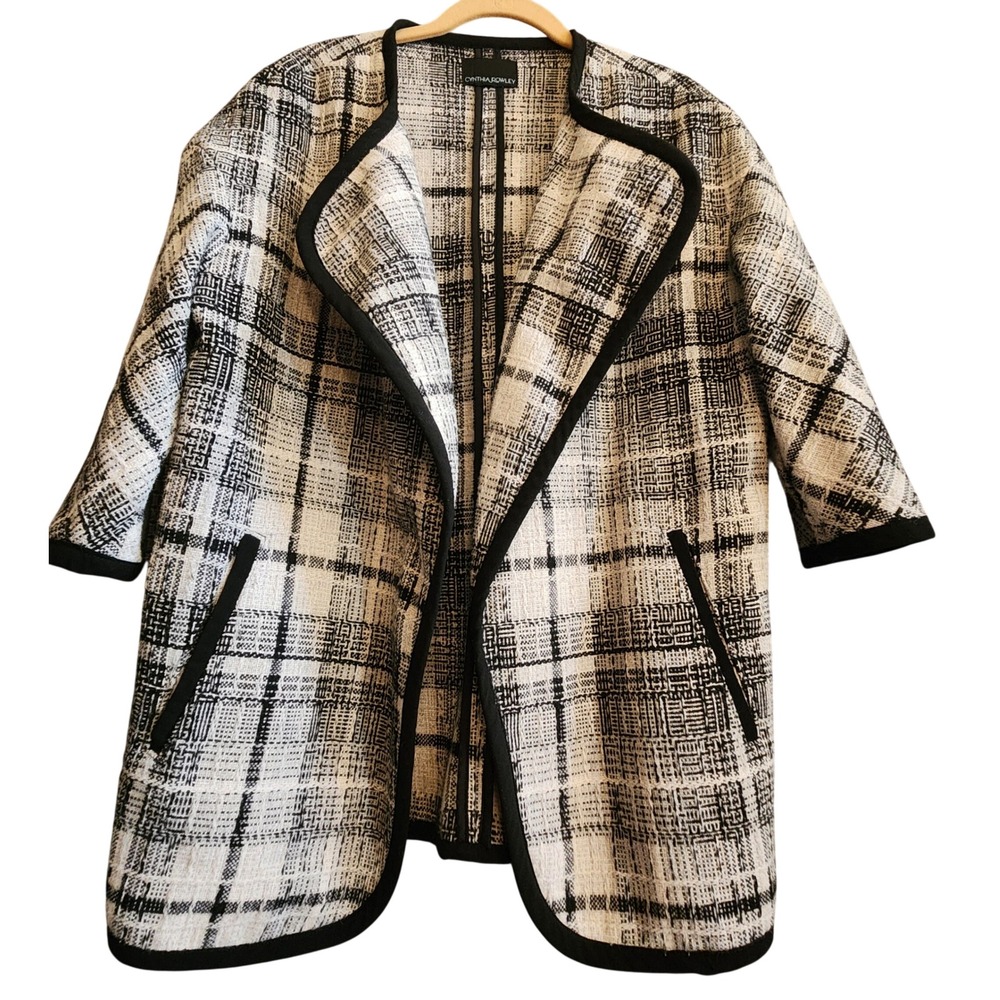 Cynthia Rowley Plaid Tweed Coat Women M Black White Excellent Open Front